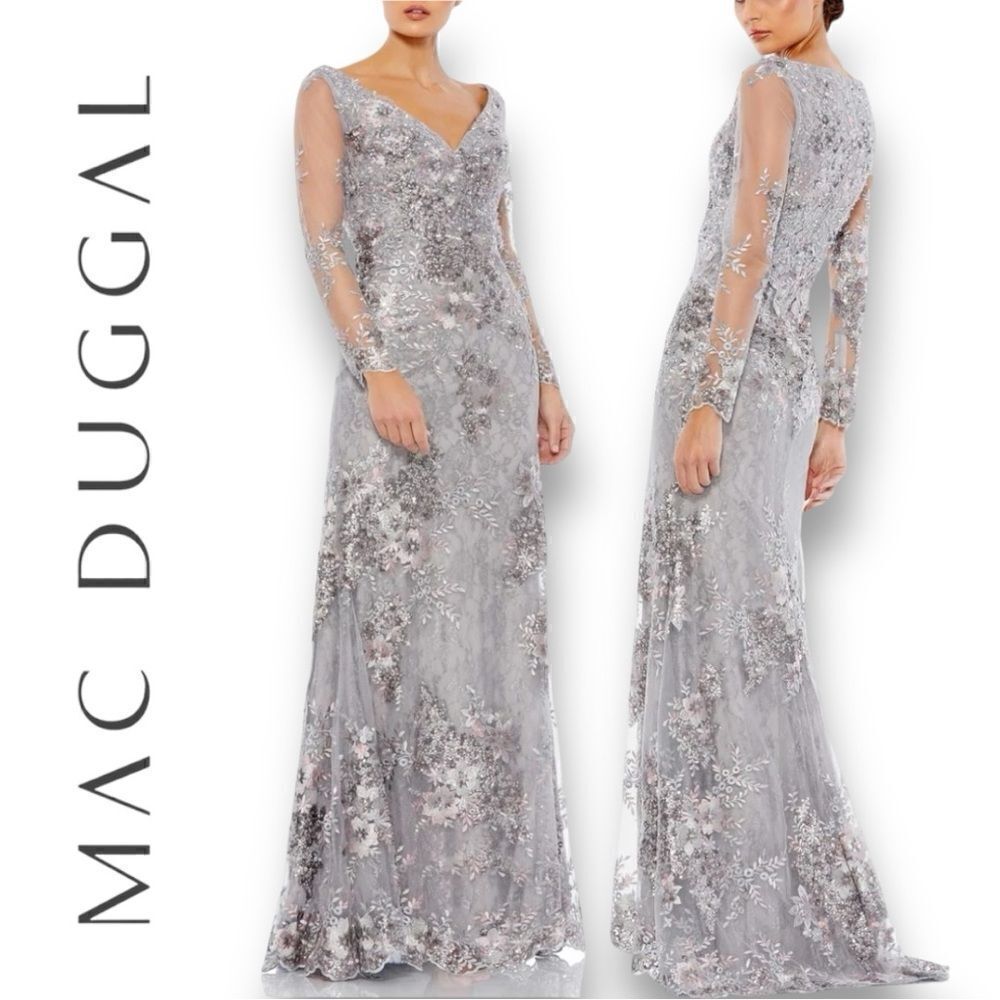 MAC DUGGAL Women’s Embellished V-Neck Illusion Long Sleeve Gown in the Size 12